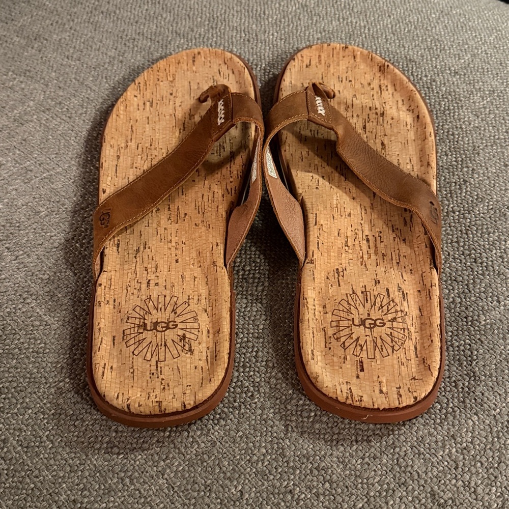 UGG Braven Cork and Brown Leather Flip Flops - Picture 4 of 6